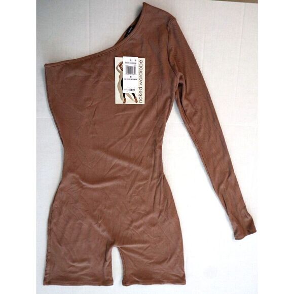 Naked Wardrobe NW-J1183 Women's Sz M Coco Brown One-Shoulder Ribbed Romper - Picture 9 of 11